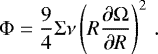 Mathematical equation: \begin{equation*}\Phi = \frac{9}{4} \Sigma \nu \left(R \frac{\partial \Omega}{\partial R} \right)^2 \,. \end{equation*}