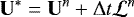 Mathematical equation: \begin{equation*}\bm{\mathrm{U}}^* = \bm{\mathrm{U}}^n + \Delta t \mathcal{L}^n \end{equation*}