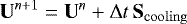 Mathematical equation: \begin{equation*} \bm{\mathrm{U}}^{n+1} = \bm{\mathrm{U}}^n + \Delta t \, \bm{\mathrm{S}}_{\mathrm{cooling}} \end{equation*}
