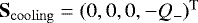 Mathematical equation: $\bm{\mathrm{S}}_{\mathrm{cooling}} = (0, 0, 0, - Q_{-})^{\mathrm{T}}$