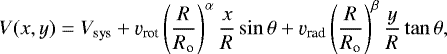 Mathematical equation: \begin{equation*} V(x,y) = V_{\textrm{sys}} + \varv_{\textrm{rot}} \left(\frac{R}{R_{\textrm{o}}}\right)^{\alpha} \frac{x}{R} \sin\theta + \varv_{\textrm{rad}} \left(\frac{R}{R_{\textrm{o}}}\right)^{\beta} \frac{y}{R} \tan\theta ,\end{equation*}