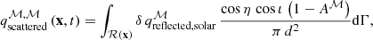 Mathematical equation: $$ \begin{aligned}&q^{{\mathcal{M} , \mathcal{M} }}_{{\mathrm{scattered} }} \left(\mathbf{x }, t \right) = \int _{{\mathcal{R} } \left(\mathbf{x } \right)} \delta \, q^{{\mathcal{M} }}_{{\mathrm{reflected, solar} }} \, \frac{\cos \eta \, \cos \iota \, \left(1 - A^\mathcal{M} \right)}{\pi \, d^2} {\mathrm{d} } \Gamma ,\end{aligned} $$