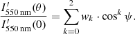 Mathematical equation: $$ \begin{aligned} \frac{I^{\prime }_{\rm 550\,nm}(\theta )}{I^{\prime }_{\rm 550\,nm}(0)} = \sum \limits _{k=0}^{2} { w}_k \cdot \cos ^k \psi . \end{aligned} $$