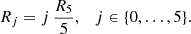 Mathematical equation: $$ \begin{aligned} R_j = j \, \frac{R_5}{5}, \quad j \in \{0, \ldots , 5\}. \end{aligned} $$