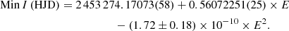 Mathematical equation: $$ \begin{aligned} \mathrm{Min}\,I\,\mathrm{(HJD)}&=2\,453\,274.17073(58)+0.56072251(25) \times E \nonumber \\&\qquad \qquad \qquad -(1.72\pm 0.18)\times 10^{-10} \times E^2.\end{aligned} $$
