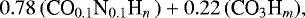 Mathematical equation: \begin{equation*} 0.78 \, (\textrm{CO}_{0.1}\textrm{N}_{0.1}\textrm{H}_{n} \,) + 0.22 \, (\textrm{CO}_{3}\textrm{H}_{m}), \end{equation*}