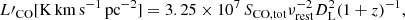 Mathematical equation: $$ \begin{aligned} L\prime _{\rm CO} [\mathrm{K\,km\,s}^{-1}\,\mathrm{pc}^{-2}]= 3.25 \times 10^7\,S_{\rm CO,tot} \nu _{\rm rest}^{-2} D_{\rm L }^{2} (1+z)^{-1}, \end{aligned} $$