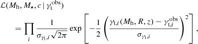 Mathematical equation: $$ \begin{aligned}&\mathcal{L} (M_{\mathrm{h} }, M_{\star }, c \, \vert \, \gamma _{\mathrm{t} }^{\mathrm{obs} }) \nonumber \\&\qquad = \prod _{i} \frac{1}{\sigma _{\gamma _{\mathrm{t} }, i} \sqrt{2 \pi }} \exp \left[-\frac{1}{2} \left(\frac{\gamma _{\mathrm{t} , i} (M_{\mathrm{h} }, R, z) - \gamma _{\mathrm{t} , i}^{\mathrm{obs} }}{\sigma _{\gamma _{\mathrm{t} }, i}}\right)^{2} \right], \end{aligned} $$