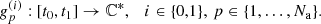 Mathematical equation: $$ \begin{aligned} g^{(i)}_p: [t_0,t_1]\rightarrow {\mathbb{C} }^*, \quad i \in \{0,1\},\, p\in \{1,\ldots ,N_{\rm a}\}. \end{aligned} $$