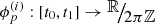 Mathematical equation: $\phi _p^{(i)}:[{t_0},{t_1}] \to {\raise0.7ex\hbox{\(\mathbb{R}\)} \!\mathord {\left/ {\vphantom {\mathbb{R} {2\pi \mathbb{Z}}}}\right.\kern-\nulldelimiterspace} \!\lower0.7ex\hbox{\({2\pi \mathbb{Z}}\)}}$