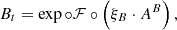 Mathematical equation: $$ \begin{aligned}&B_t = \exp \circ {\mathcal{F} } \circ \left(\xi _B \cdot A^B\right),\end{aligned} $$