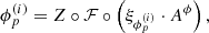 Mathematical equation: $$ \begin{aligned}&\phi _p^{(i)} = Z \circ {\mathcal{F} } \circ \left(\xi _{\phi _p^{(i)}}\cdot A^\phi \right),\end{aligned} $$
