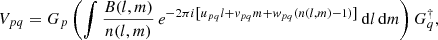 Mathematical equation: $$ \begin{aligned} V_{pq} = G_p \left(\int \frac{B(l,m)}{n(l,m)}\, e^{-2\pi i\left[u_{pq}l+v_{pq}m+w_{pq}(n(l,m)-1)\right]}\, \mathrm{d}l\,\mathrm{d}m \right) G_q^\dagger , \end{aligned} $$