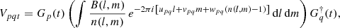 Mathematical equation: $$ \begin{aligned} V_{pqt} = G_p(t)\left( \int \frac{B(l,m)}{n(l,m)} \, e^{-2\pi i\left[u_{pq}l+v_{pq}m+w_{pq}(n(l,m)-1)\right]}\, \mathrm{d}l\,\mathrm{d}m \right) G_q^\dagger (t) , \end{aligned} $$