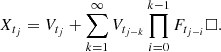 Mathematical equation: $$ \begin{aligned} X_{t_j} = V_{t_j} + \mathop {\sum }_{k=1}^{\infty } V_{t_{j-k}} \mathop {\prod }_{i=0}^{k-1} F_{t_{j-i}} \Box . \end{aligned} $$