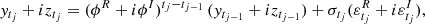 Mathematical equation: $$ \begin{aligned} y_{t_j}+ i z_{t_j}= (\phi ^R + i \phi ^I)^{t_j-t_{j-1}} \, (y_{t_{j-1}} + i z_{t_{j-1}}) + \sigma _{t_j}(\varepsilon _{t_j}^R + i \varepsilon _{t_j}^I), \end{aligned} $$