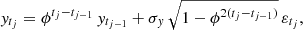 Mathematical equation: $$ \begin{aligned} y_{t_j}=\phi ^{t_j-t_{j-1}} \, y_{t_{j-1}} + \sigma _y \, \sqrt{1-\phi ^{2(t_j-t_{j-1})}} \, \varepsilon _{t_j}, \end{aligned} $$