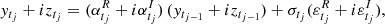 Mathematical equation: $$ \begin{aligned} y_{t_j}+ i z_{t_j}= (\alpha _{t_j}^{R} + i \alpha _{t_j}^{I}) \, (y_{t_{j-1}} + i z_{t_{j-1}}) + \sigma _{t_j}(\varepsilon _{t_j}^R + i \varepsilon _{t_j}^I), \end{aligned} $$