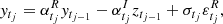 Mathematical equation: $$ \begin{aligned} y_{t_j} = \alpha _{t_j}^{R}y_{t_{j-1}} - \alpha _{t_j}^{I}z_{t_{j-1}} + \sigma _{t_j}\varepsilon _{t_j}^R , \end{aligned} $$