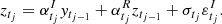 Mathematical equation: $$ \begin{aligned} z_{t_j} = \alpha _{t_j}^{I}y_{t_{j-1}} + \alpha _{t_j}^{R}z_{t_{j-1}} + \sigma _{t_j}\varepsilon _{t_j}^I. \end{aligned} $$