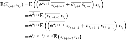 Mathematical equation: $$ \begin{aligned} \mathbb{E} (\overline{x}_{t_{j+k}}x_{t_j}) =&\mathbb{E} \left(\left(\overline{\phi ^{\delta _{j+k}}} \, \overline{x_{t_{j+k-1}}} + \overline{\sigma _{t_{j+k}}} \, \overline{\varepsilon _{t_{j+k}}}\right)x_{t_j} \right)\\ =&\overline{\phi ^{\delta _{j+k}}}\mathbb{E} \left(\overline{x_{t_{j+k-1}}} x_{t_j} \right)\\ =&\overline{\phi ^{\delta _{j+k}}}\mathbb{E} \left(\left(\overline{\phi ^{\delta _{j+k-1}}} \, \overline{x_{t_{j+k-2}}} + \overline{\sigma _{t_{j+k-1}}} \, \overline{\varepsilon _{t_{j+k-1}}}\right) x_{t_j} \right)\\ =&\overline{\phi ^{t_{j+k}-t_{j+k-2}}}\mathbb{E} \left(\overline{x_{t_{j+k-2}}}x_{t_j} \right). \end{aligned} $$