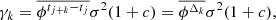 Mathematical equation: $$ \begin{aligned} \gamma _k = \overline{\phi ^{t_{j+k}-t_j}}\sigma ^2 (1+c) = \overline{\phi ^{\Delta _k}}\sigma ^2 (1+c), \end{aligned} $$