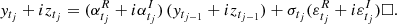 Mathematical equation: $$ \begin{aligned} y_{t_j}+ i z_{t_j}= (\alpha _{t_j}^{R} + i \alpha _{t_j}^{I}) \, (y_{t_{j-1}} + i z_{t_{j-1}}) + \sigma _{t_j}(\varepsilon _{t_j}^R + i \varepsilon _{t_j}^I) \Box . \end{aligned} $$