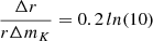Mathematical equation: $ \frac{\Delta r}{r\Delta m_K}=0.2\,ln(10) $