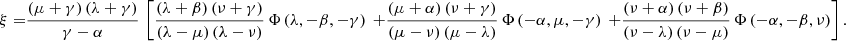 Mathematical equation: $$ \begin{aligned} \xi =& {\frac{ \left( \mu +\gamma \right) \left( \lambda +\gamma \right) }{\gamma -\alpha }} \, \left[ {\frac{ \left( \lambda +\beta \right) \left( \nu +\gamma \right) }{ \left( \lambda -\mu \right) \left( \lambda -\nu \right) }} \, \Phi \left( \lambda ,-\beta ,-\gamma \right)\right. \left.+ {\frac{ \left( \mu +\alpha \right) \left( \nu +\gamma \right) }{ \left( \mu -\nu \right) \left( \mu -\lambda \right) }} \, \Phi \left( -\alpha ,\mu ,-\gamma \right)\right. \left.+{\frac{ \left( \nu +\alpha \right) \left( \nu +\beta \right) }{ \left( \nu -\lambda \right) \left( \nu -\mu \right) }} \, \Phi \left( -\alpha ,-\beta ,\nu \right) \right] . \end{aligned} $$