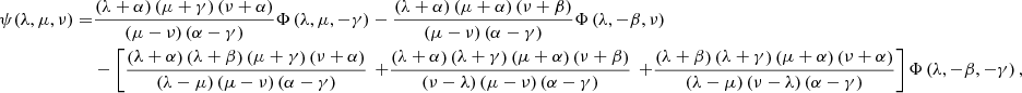 Mathematical equation: $$ \begin{aligned} \psi (\lambda ,\mu ,\nu ) =& {\frac{ \left( \lambda +\alpha \right) \left( \mu +\gamma \right) \left( \nu +\alpha \right) }{ \left( \mu -\nu \right) \left( \alpha - \gamma \right) }} \Phi \left( \lambda ,\mu ,-\gamma \right)-{\frac{ \left( \lambda +\alpha \right) \left( \mu +\alpha \right) \left( \nu +\beta \right) }{ \left( \mu -\nu \right) \left( \alpha - \gamma \right) }} \Phi \left( \lambda ,-\beta ,\nu \right) \nonumber \\&-\left[ {\frac{ \left( \lambda +\alpha \right) \left( \lambda +\beta \right) \left( \mu +\gamma \right) \left( \nu +\alpha \right) }{ \left( \lambda -\mu \right) \left( \mu -\nu \right) \left( \alpha -\gamma \right) }}\right. \left.+{\frac{ \left( \lambda +\alpha \right) \left( \lambda +\gamma \right) \left( \mu +\alpha \right) \left( \nu +\beta \right) }{ \left( \nu -\lambda \right) \left( \mu -\nu \right) \left( \alpha - \gamma \right) }}\right. \left.+{\frac{ \left( \lambda +\beta \right) \left( \lambda +\gamma \right) \left( \mu +\alpha \right) \left( \nu +\alpha \right) }{ \left( \lambda -\mu \right) \left( \nu -\lambda \right) \left( \alpha -\gamma \right) }} \right] \Phi \left( \lambda ,-\beta ,-\gamma \right) , \end{aligned} $$