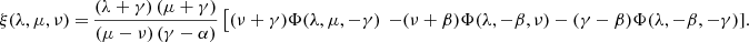 Mathematical equation: $$ \begin{aligned} \xi (\lambda ,\mu ,\nu )=&\, \frac{ \left( \lambda +\gamma \right) \left( \mu +\gamma \right) }{ \left( \mu -\nu \right) \left( \gamma -\alpha \right) } \left[ ( \nu +\gamma ) \Phi ( \lambda ,\mu ,-\gamma )\right. \left.- ( \nu +\beta ) \Phi ( \lambda ,-\beta ,\nu \right) - (\gamma -\beta ) \Phi ( \lambda ,-\beta ,-\gamma ) ] . \end{aligned} $$