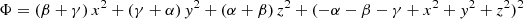 Mathematical equation: $$ \begin{aligned} \Phi = (\beta + \gamma ) \,x^2 + (\gamma +\alpha ) \,y^2 + (\alpha + \beta ) \,z^2 +(-\alpha -\beta -\gamma +x^2 +y^2 +z^2)^2 \end{aligned} $$