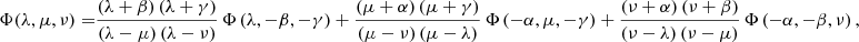 Mathematical equation: $$ \begin{aligned} \Phi (\lambda ,\mu ,\nu )=&{\frac{ \left( \lambda +\beta \right) \left( \lambda +\gamma \right) }{ \left( \lambda -\mu \right) \left( \lambda -\nu \right) }} \, \Phi \left( \lambda ,-\beta ,-\gamma \right)+ {\frac{ \left( \mu +\alpha \right) \left( \mu +\gamma \right) }{ \left( \mu -\nu \right) \left( \mu -\lambda \right) }} \, \Phi \left( -\alpha ,\mu ,-\gamma \right)+ {\frac{ \left( \nu +\alpha \right) \left( \nu +\beta \right) }{ \left( \nu -\lambda \right) \left( \nu -\mu \right) }} \, \Phi \left( -\alpha ,-\beta ,\nu \right) , \end{aligned} $$