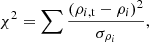 Mathematical equation: $$ \begin{aligned} \chi ^2=\sum \frac{(\rho _{i,\mathrm{t}}-\rho _i)^2}{\sigma _{\rho _i}}, \end{aligned} $$