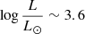 Mathematical equation: $ \log \frac{L}{L_{{\odot}}} \sim 3.6 $