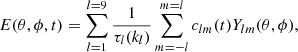 Mathematical equation: $$ \begin{aligned} E(\theta ,\phi ,t)=\sum _{l=1}^{l=9}\frac{1}{\tau _l(k_l)}\sum _{m=-l}^{m=l}c_{lm}(t)Y_{lm}(\theta ,\phi ), \end{aligned} $$