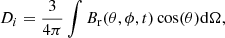 Mathematical equation: $$ \begin{aligned} D_i=\frac{3}{4\pi }\int B_{\rm r}(\theta ,\phi ,t)\cos (\theta )\mathrm{d}\Omega , \end{aligned} $$