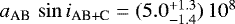Mathematical equation: $a_{\textrm{AB}}\,\sin{i_{\textrm{AB+C}}} = (5.0^{+1.3}_{-1.4})\,10^8$