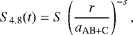 Mathematical equation: \begin{equation*} S_{4.8}(t) = S\,\left(\frac{r}{a_{\textrm{AB+C}}}\right)^{-s} ,\end{equation*}