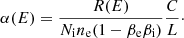 Mathematical equation: $$ \begin{aligned} \alpha (E) = \frac{{R(E)}}{{{N_{\rm i}}{n_{\rm e}}(1 - {\beta _{\rm e}}\beta _{\rm i})}}\frac{C}{L}\cdot \end{aligned} $$