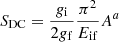 Mathematical equation: $$ \begin{aligned} {S}_{\rm DC} = \frac{g_{\rm i}}{2g_{\rm f}}\frac{\pi ^{2}}{E_{\rm if}}A^{a} \end{aligned} $$