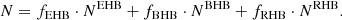 Mathematical equation: $$ \begin{aligned} N= f_{\rm EHB} \cdot N^\mathrm{EHB} + f_{\rm BHB} \cdot N^\mathrm{BHB} + f_{\rm RHB} \cdot N^\mathrm{RHB}. \end{aligned} $$
