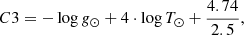 Mathematical equation: $$ \begin{aligned} C3 = -\log g_\odot + 4\cdot \log T_\odot + {\frac{4.74}{2.5}} ,\end{aligned} $$