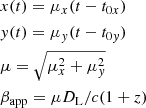 Mathematical equation: $$ \begin{aligned}&x(t)=\mu _x(t-t_{0x})\nonumber \\&{ y}(t)=\mu _{ y}(t-t_{0{ y}})\nonumber \\&\mu =\sqrt{\mu _x^2+\mu _{ y}^2}\nonumber \\&\beta _\mathrm{app} =\mu D_\mathrm{L} /c(1+z) \end{aligned} $$