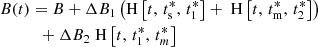 Mathematical equation: $$ \begin{aligned}&B (t) = B + \Delta B_1 \left(\mathrm{H}\left[ {t,\, t^{*}_{\rm s},\, t^{*}_{1}} \right] + \; \mathrm{H}\left[ {t,\, t^{*}_{\rm m},\, t^{*}_{2}} \right]\right) \nonumber \\&\qquad \quad + \Delta B_2 \; \mathrm{H}\left[ {t,\, t^{*}_1,\, t^{*}_m} \right] \end{aligned} $$