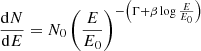 Mathematical equation: $$ \begin{aligned} \frac{\mathrm{d}N}{\mathrm{d}E}=N_0\left(\frac{E}{E_0}\right)^{-\left(\Gamma +\beta \log \frac{E}{E_0}\right)} \end{aligned} $$