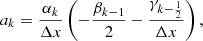 Mathematical equation: $$ \begin{aligned}&a_{k}=\frac{\alpha _{k}}{\Delta x}\left(-\frac{\beta _{k-1}}{2}-\frac{\gamma _{k-\frac{1}{2}}}{\Delta x} \right),\end{aligned} $$