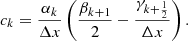 Mathematical equation: $$ \begin{aligned}&c_{k}=\frac{\alpha _{k}}{\Delta x}\left(\frac{\beta _{k+1}}{2}-\frac{\gamma _{k+\frac{1}{2}}}{\Delta x} \right). \end{aligned} $$