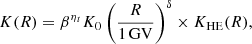 Mathematical equation: $$ \begin{aligned} K(R) = \beta ^{\eta _t} K_0 \left(\frac{R}{\mathrm{1\,GV}}\right)^\delta \times K_{\rm HE}(R), \end{aligned} $$