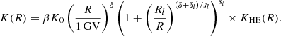 Mathematical equation: $$ \begin{aligned} K(R)=\beta K_0\left(\frac{R}{\mathrm{1\,GV}}\right)^{\delta }{\left(1+\left(\frac{R_l}{R}\right)^{(\delta +\delta _l)/s_l}\right)^{s_l}} \times K_{\rm HE}(R). \end{aligned} $$
